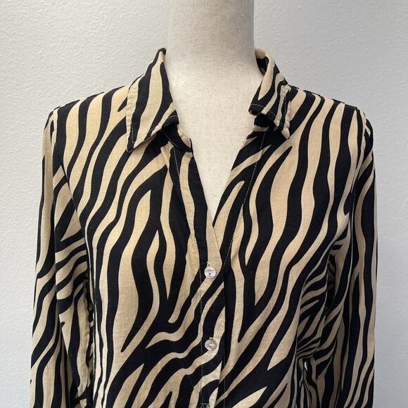 Rachel Zoe Linen Blouse Top Womens Size XL Black Animal Print Tie Mob Wife - Picture 2 of 8